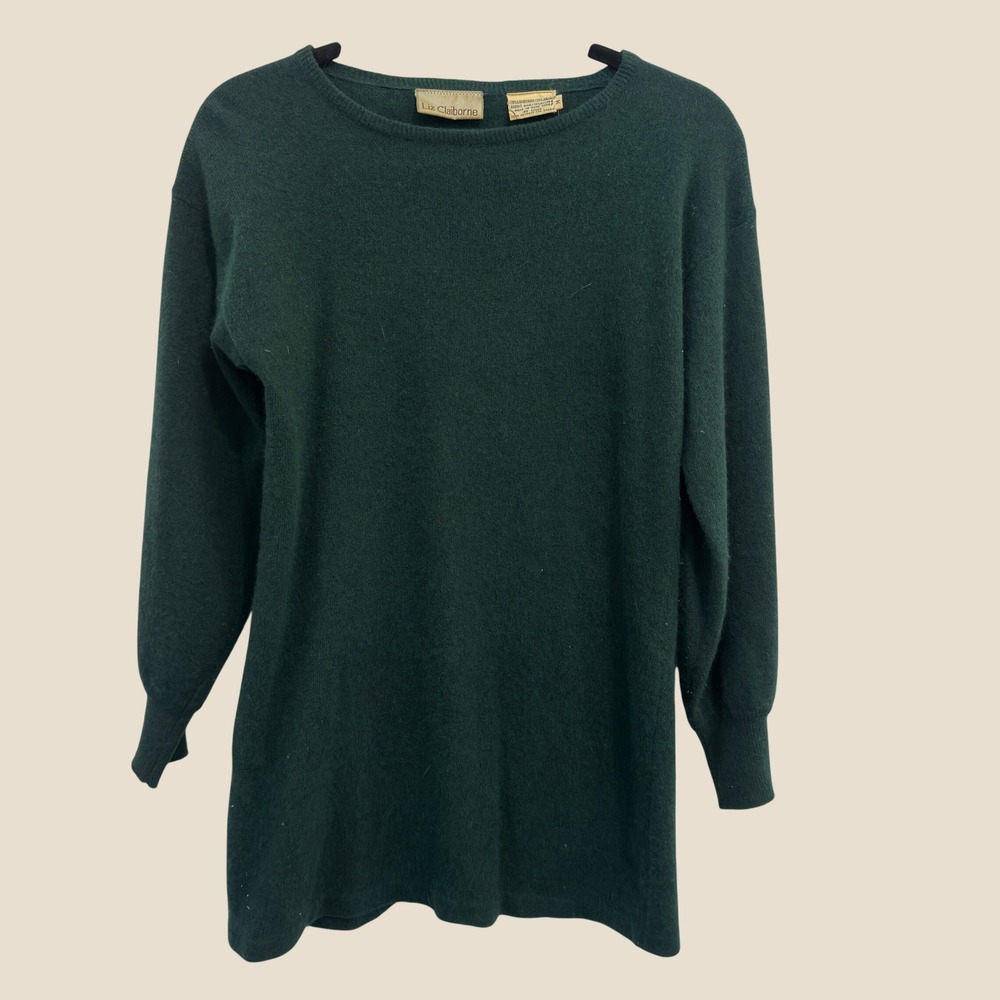 Liz Claiborne 80s Lambswool Angora Rabbit Longline Sweater Vintage Green Medium‎